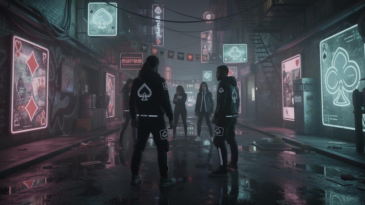 Cyberpunk card gang showdown illustration